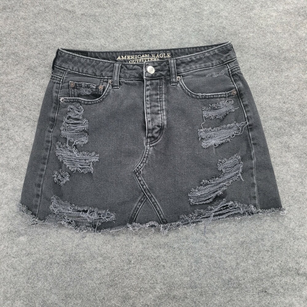 American Eagle Jean Skirt Womens Size 6 Distressed Cutoff Black Denim Button Fly